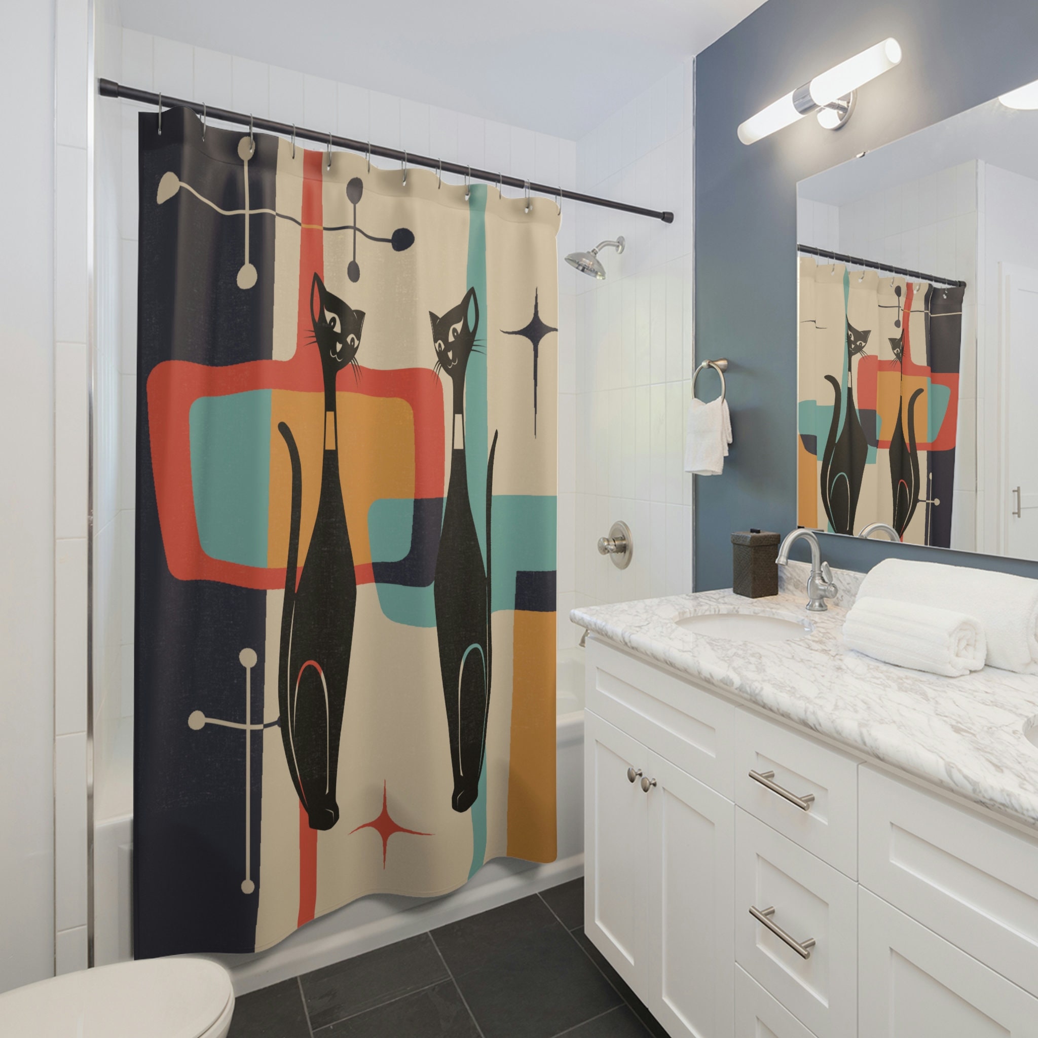 Atomic Teal Blue Mid Century Modern Cat Shower Curtain with Starburst Design for a Retro Bathroom Look