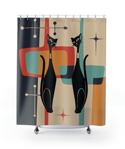 Atomic Teal Blue Mid Century Modern Cat Shower Curtain with Starburst Design for a Retro Bathroom Look