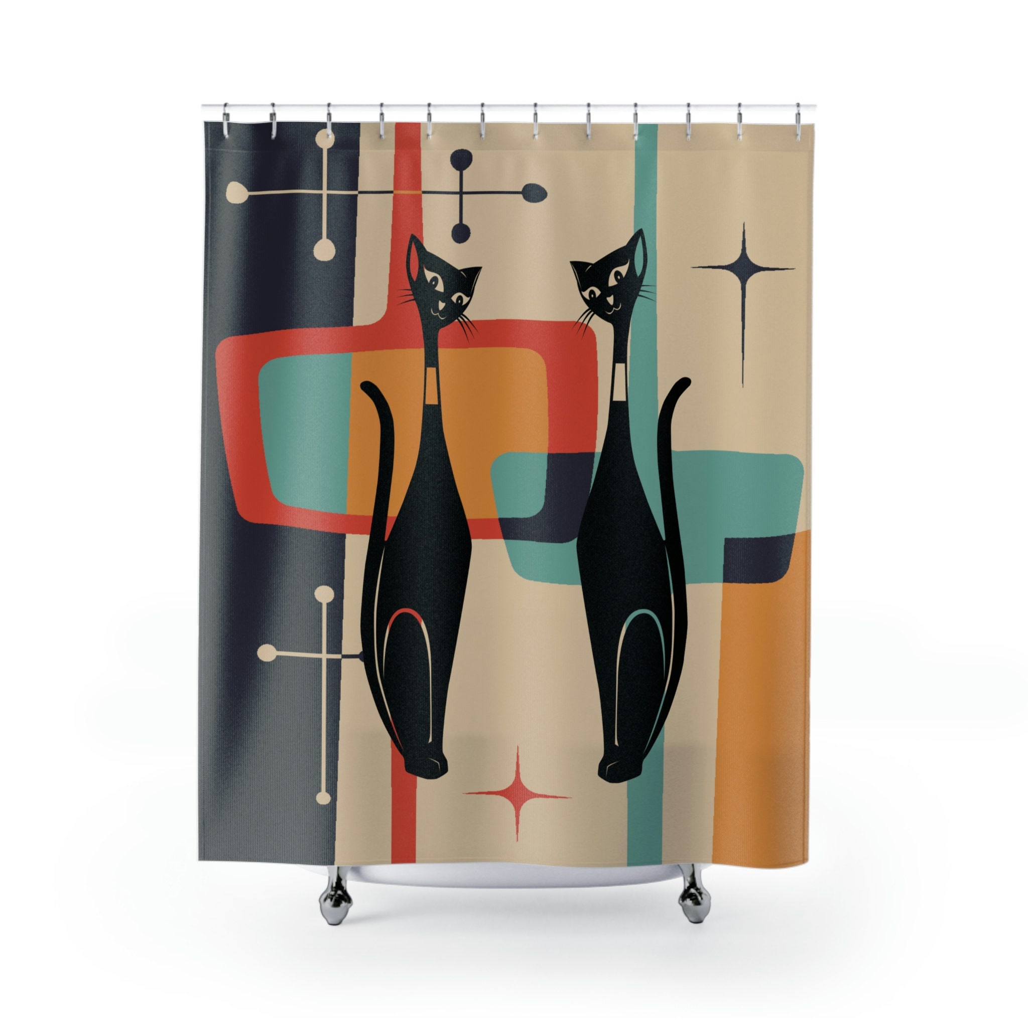 Atomic Teal Blue Mid Century Modern Cat Shower Curtain with Starburst Design for a Retro Bathroom Look