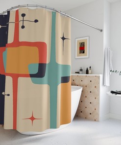 Atomic Teal Blue Mid Century Modern Starburst Shower Curtain with MCM Bath Curtains for a Chic Bathroom Look 