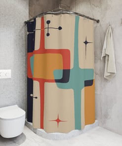 Atomic Teal Blue Mid Century Modern Starburst Shower Curtain with MCM Bath Curtains for a Chic Bathroom Look