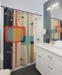 Atomic Teal Blue Mid Century Modern Starburst Shower Curtain with MCM Bath Curtains for a Chic Bathroom Look 