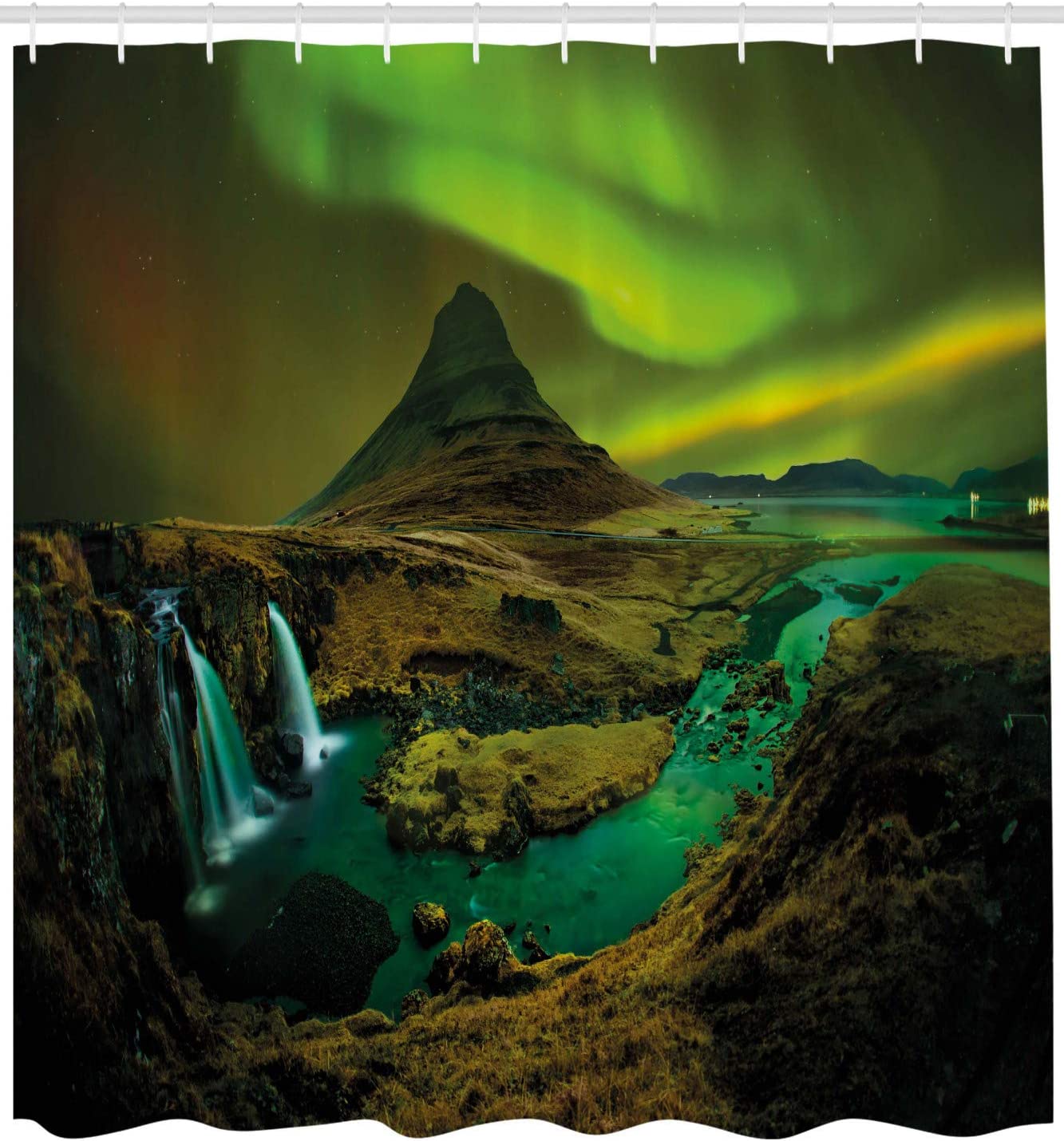 Aurora Borealis Shower Curtain With Nature Landscape In Fern And Olive Green - Image 2
