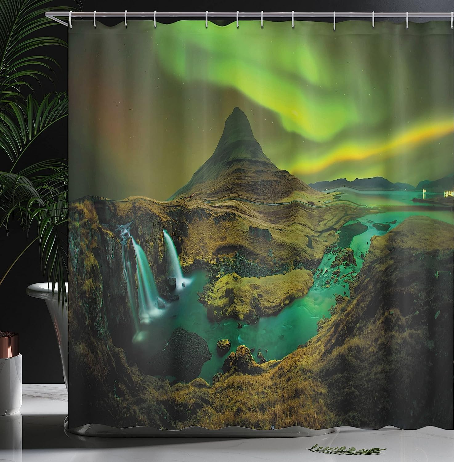 Aurora Borealis Shower Curtain With Nature Landscape In Fern And Olive Green - Image 3
