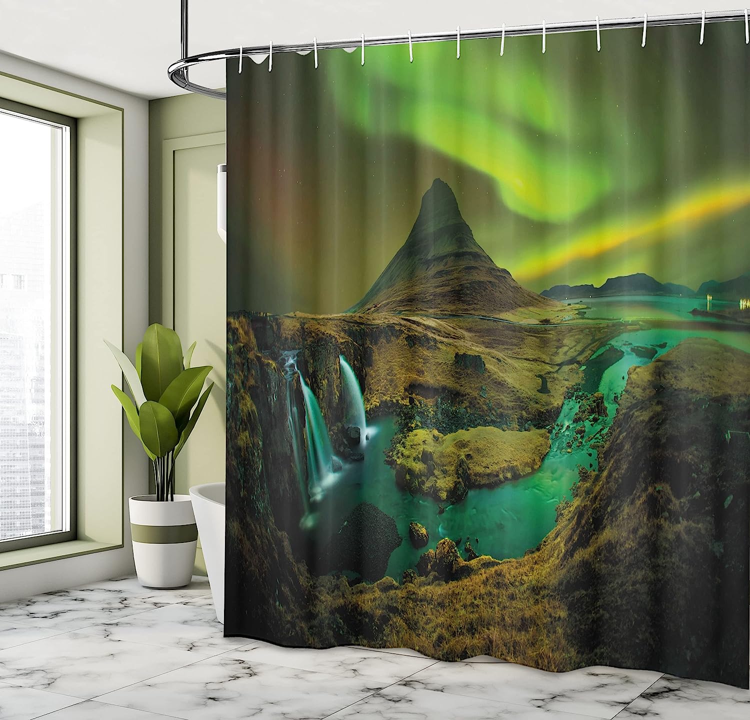 Aurora Borealis Shower Curtain With Nature Landscape In Fern And Olive Green - Image 4