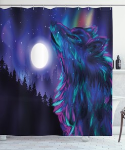 Aurora Borealis Wolf Moon Shower Curtain for Nature Inspired Bathroom Decor