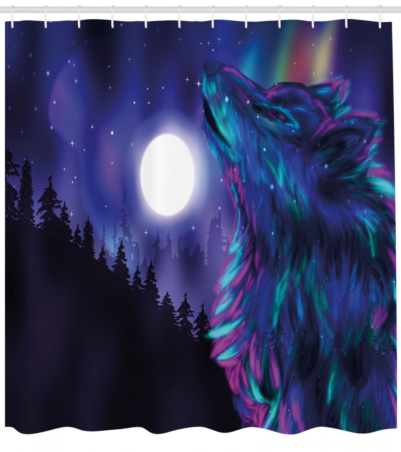 Aurora Borealis Wolf Moon Shower Curtain for Nature Inspired Bathroom Decor