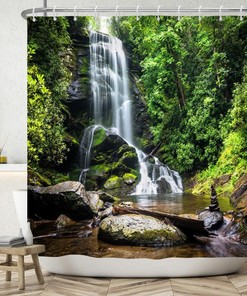 Australian Daintree Rainforest Shower Curtain, Tropical Green Leaves and Great Waterfall Forest Bath Curtain
