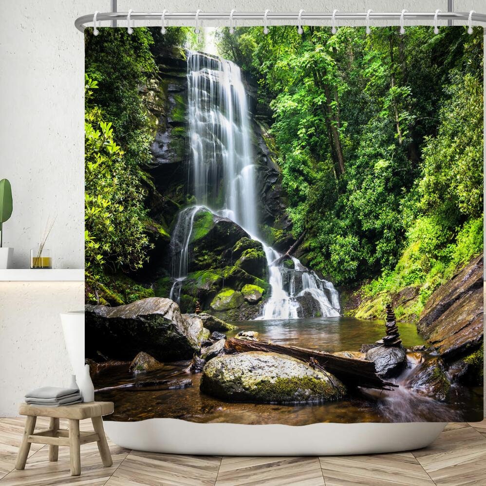 Australian Daintree Rainforest Shower Curtain, Tropical Green Leaves and Great Waterfall Forest Bath Curtain