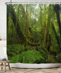 Australian Daintree Rainforest Shower Curtain, Tropical Green Leaves and Great Waterfall Forest Bath Curtain