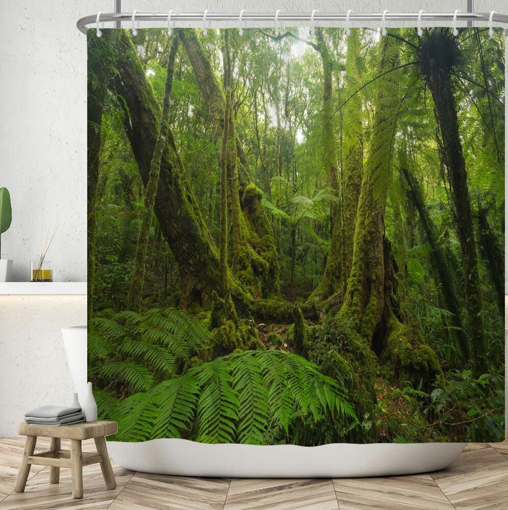 Australian Daintree Rainforest Shower Curtain, Tropical Green Leaves and Great Waterfall Forest Bath Curtain