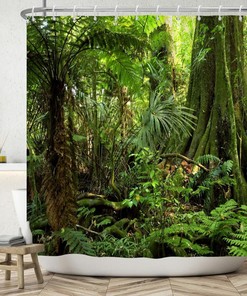 Australian Daintree Rainforest Shower Curtain, Tropical Green Leaves and Great Waterfall Forest Bath Curtain