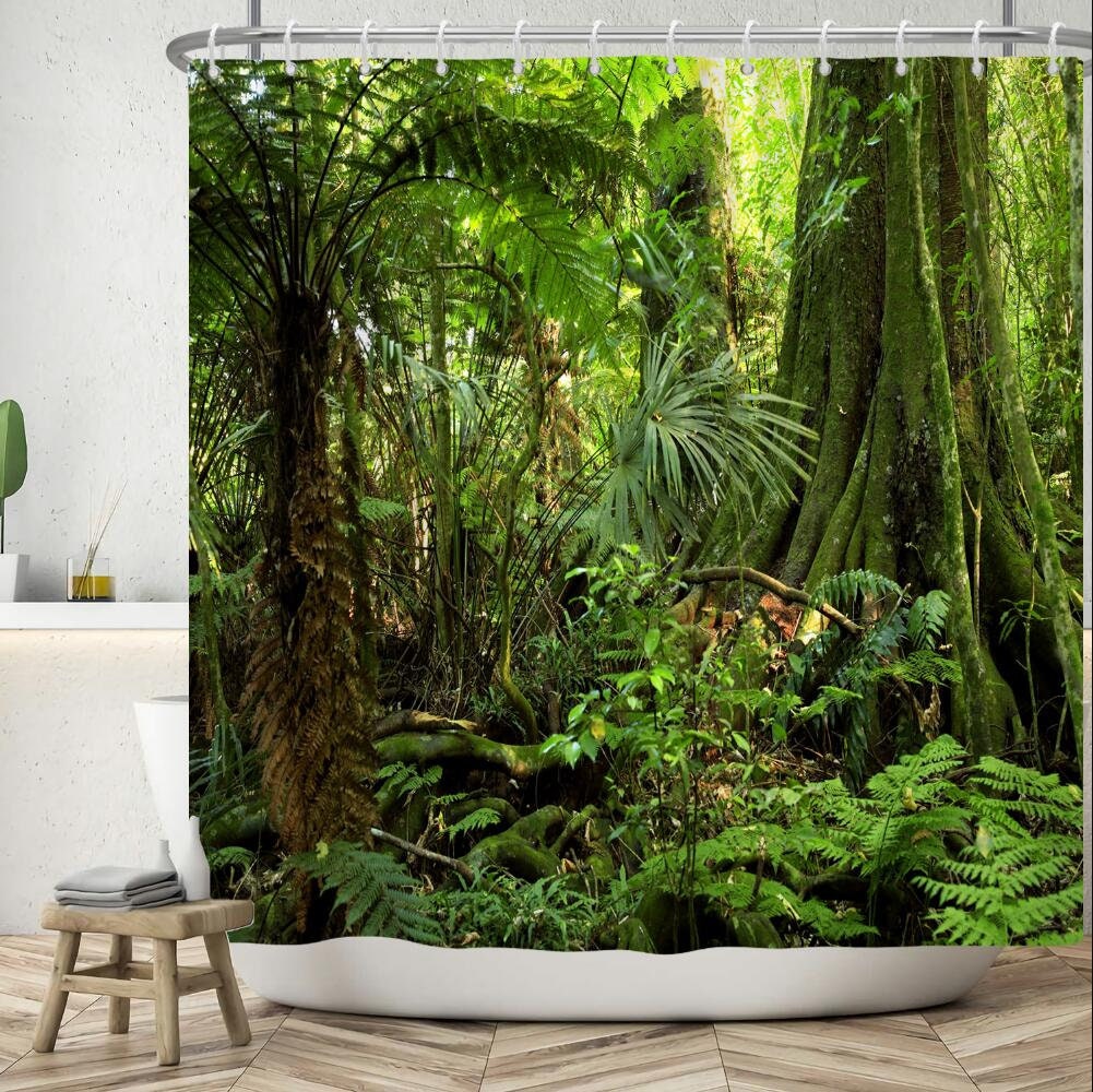 Australian Daintree Rainforest Shower Curtain, Tropical Green Leaves and Great Waterfall Forest Bath Curtain