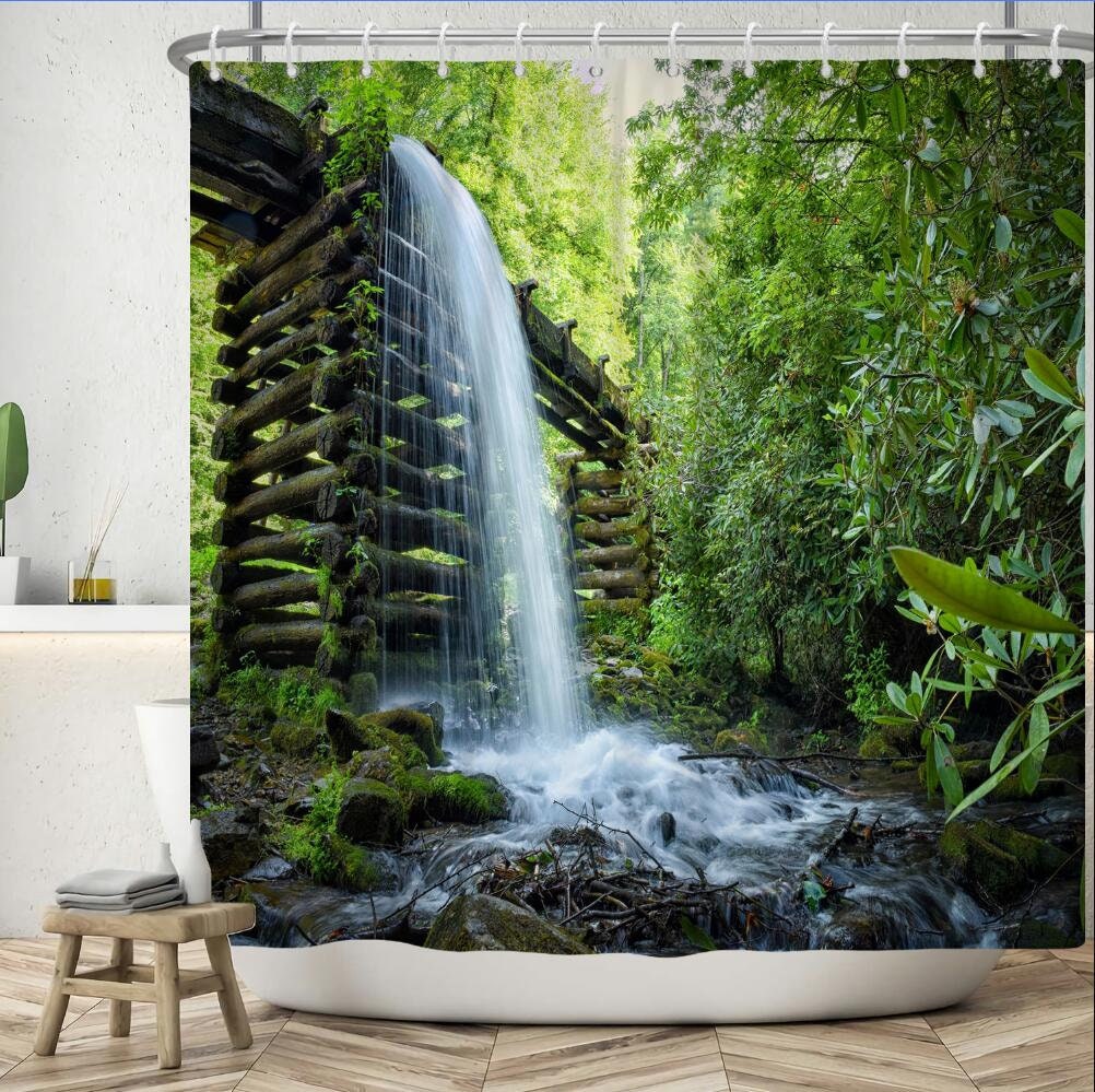 Australian Daintree Rainforest Shower Curtain, Tropical Green Leaves and Great Waterfall Forest Bath Curtain