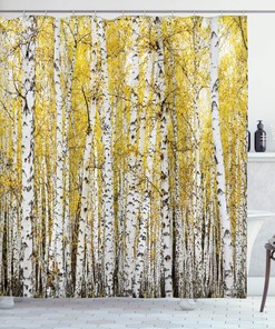 Autumn Birch Forest With Golden Yellow Leaves Shower Curtain, Woodland Nature Picture Cloth Fabric Bathroom Decors