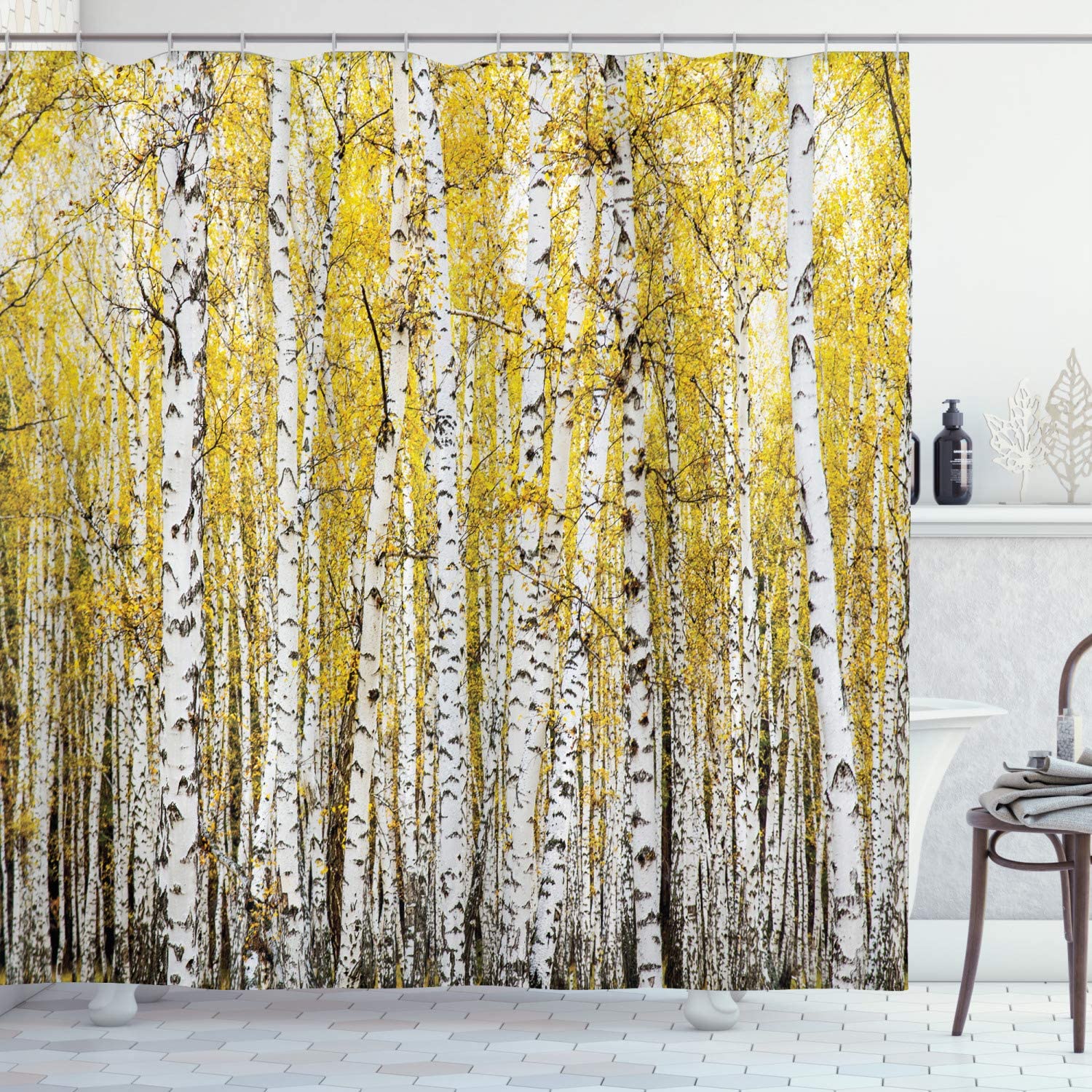 Autumn Birch Forest With Golden Yellow Leaves Shower Curtain, Woodland Nature Picture Cloth Fabric Bathroom Decors