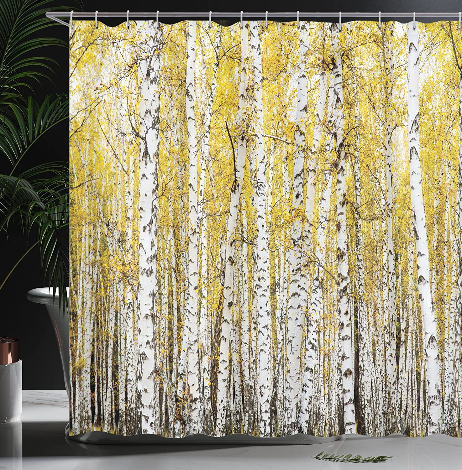 Autumn Birch Forest With Golden Yellow Leaves Shower Curtain, Woodland Nature Picture Cloth Fabric Bathroom Decors - Image 3