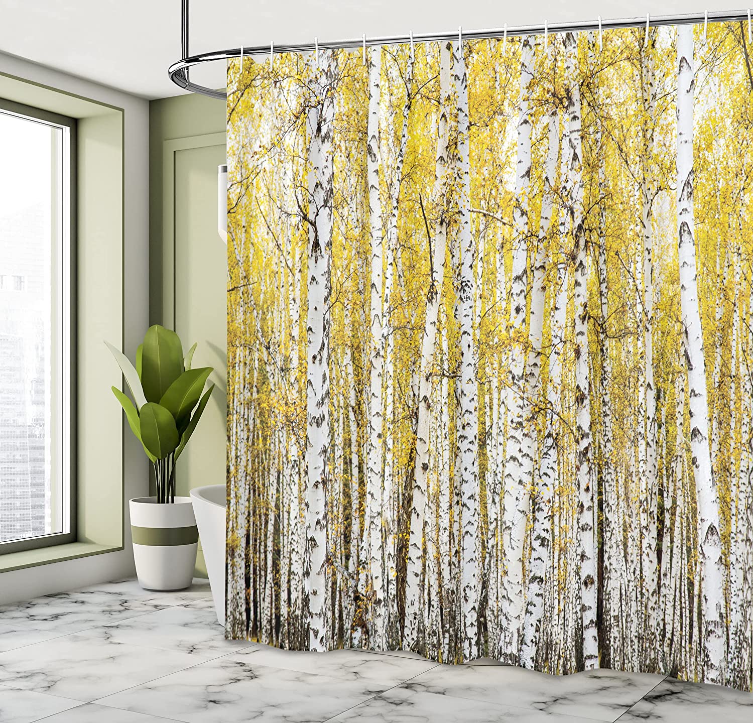 Autumn Birch Forest With Golden Yellow Leaves Shower Curtain, Woodland Nature Picture Cloth Fabric Bathroom Decors - Image 4
