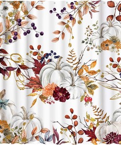 Autumn Boho Pumpkins Shower Curtain With Watercolor Leaves For Rustic Bathroom Decor