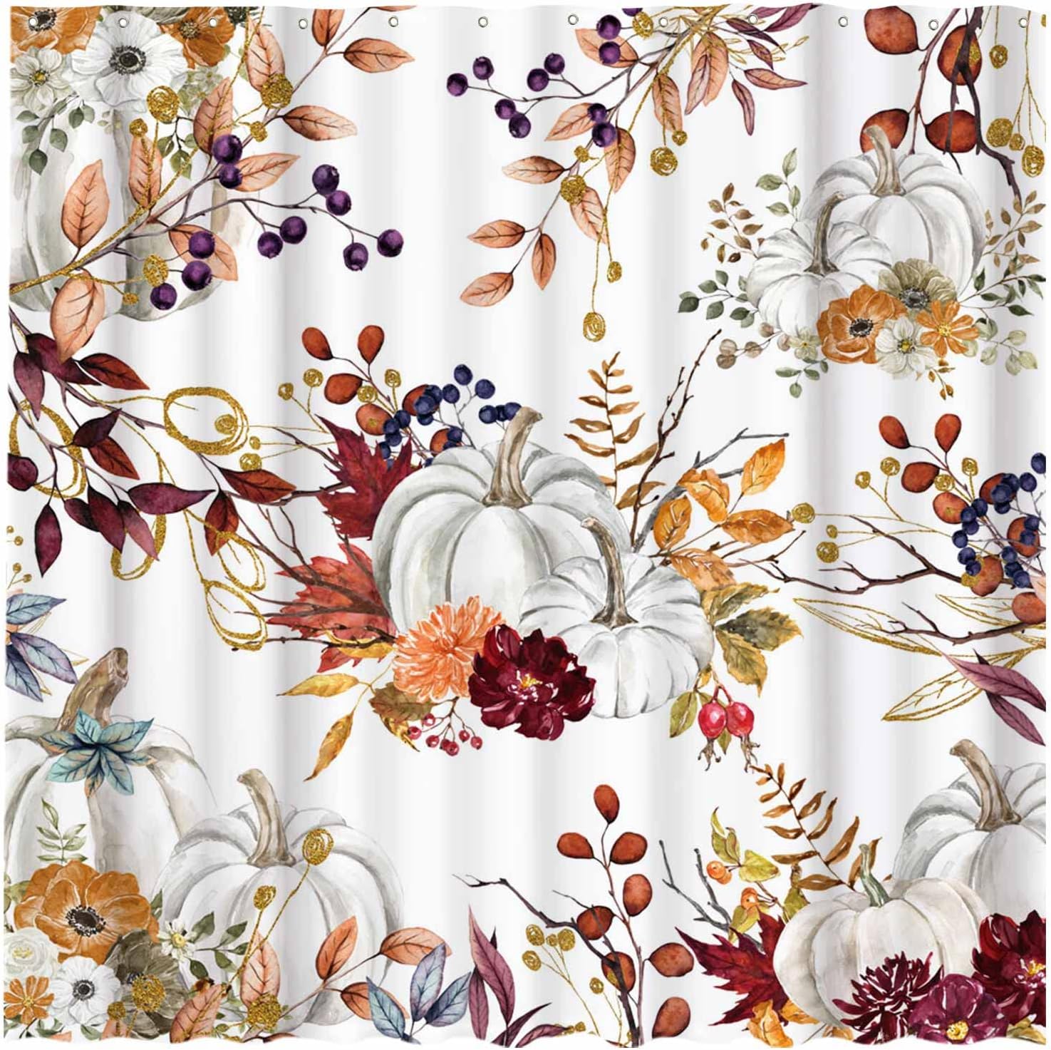 Autumn Boho Pumpkins Shower Curtain With Watercolor Leaves For Rustic Bathroom Decor
