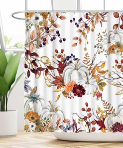 Autumn Boho Pumpkins Shower Curtain With Watercolor Leaves For Rustic Bathroom Decor