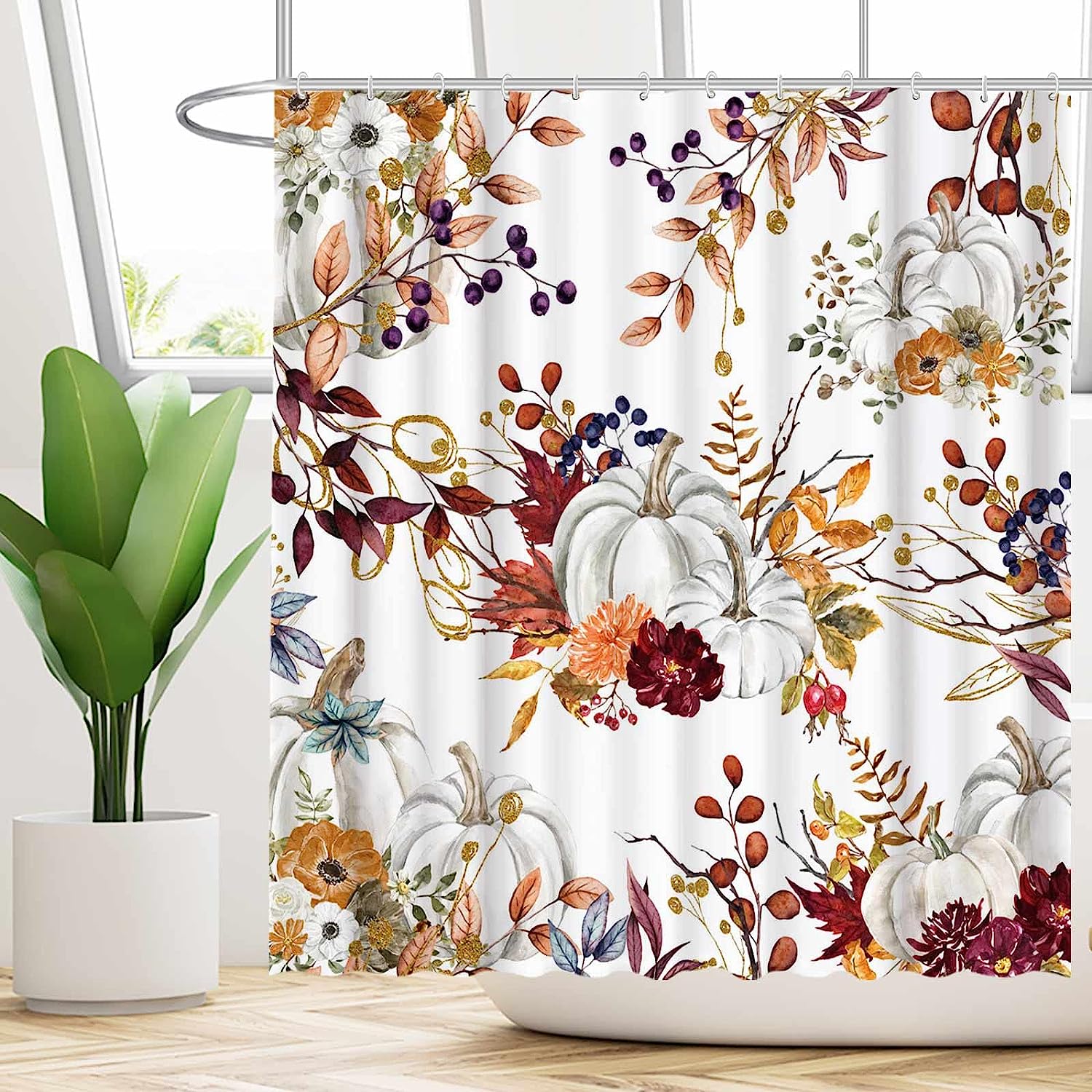 Autumn Boho Pumpkins Shower Curtain With Watercolor Leaves For Rustic Bathroom Decor