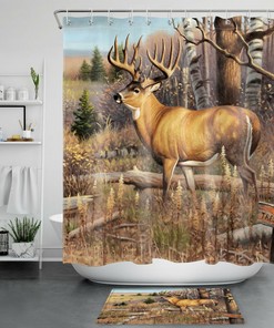 Autumn Forest Deer Shower Curtain With Wild Elk Animals Bathroom Accessory, Perfect For Rustic And Cozy Bathroom Decor