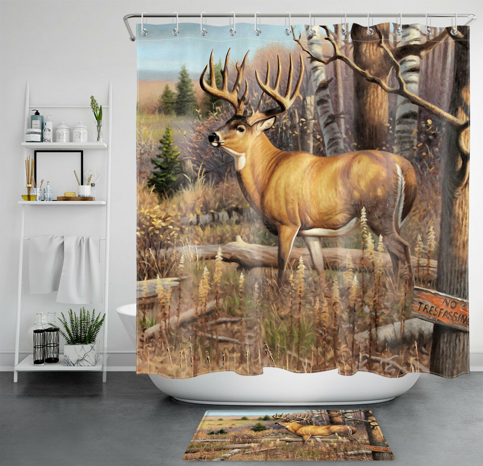 Autumn Forest Deer Shower Curtain With Wild Elk Animals Bathroom Accessory, Perfect For Rustic And Cozy Bathroom Decor