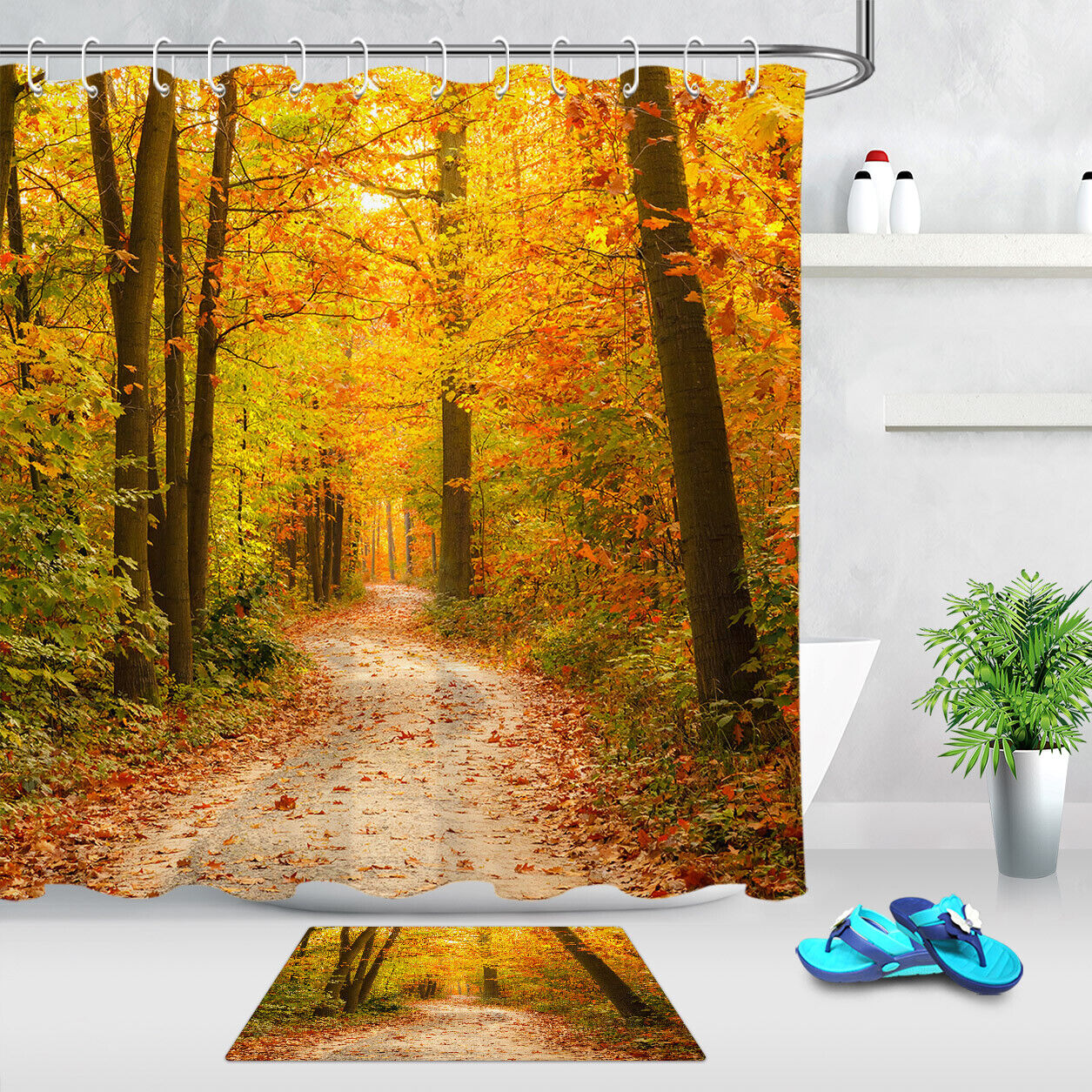 Autumn Forest Jungle Scenery Shower Curtain - Trees Road Scenic Design