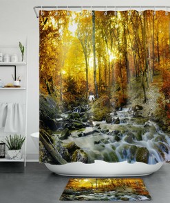 Autumn Forest River Waterfall Landscape Shower Curtain for Nature Lovers
