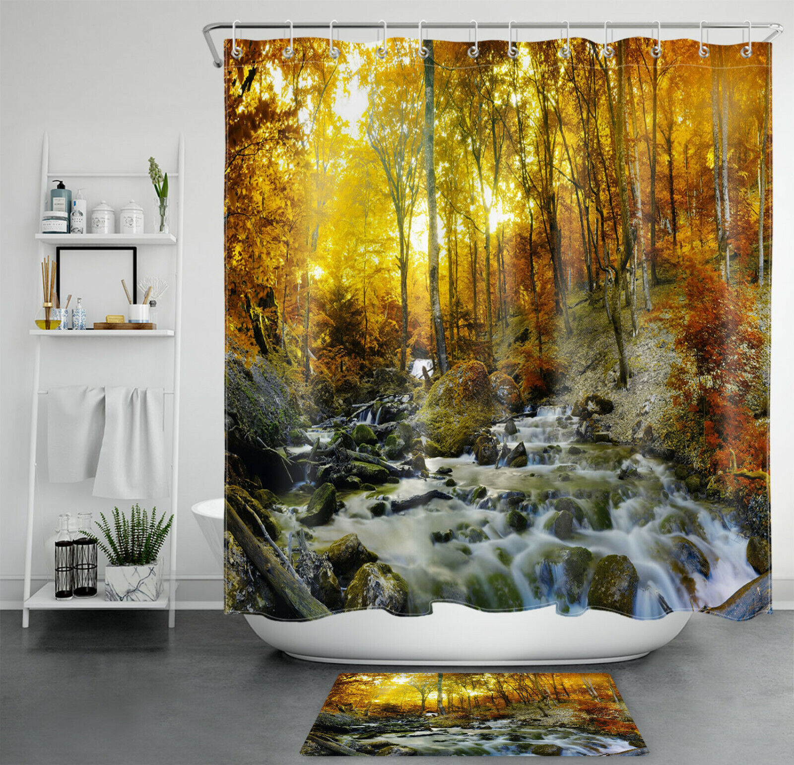 Autumn Forest River Waterfall Landscape Shower Curtain for Nature Lovers