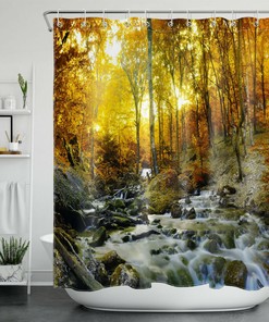 Autumn Forest River Waterfall Landscape Shower Curtain for Nature Lovers