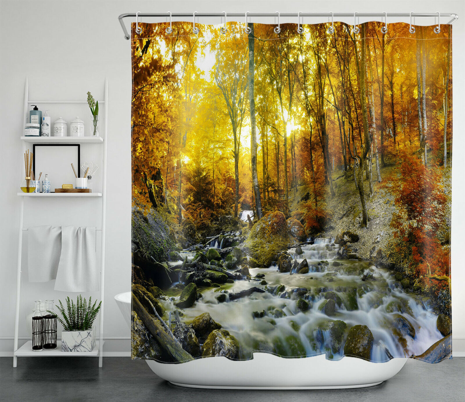 Autumn Forest River Waterfall Landscape Shower Curtain for Nature Lovers