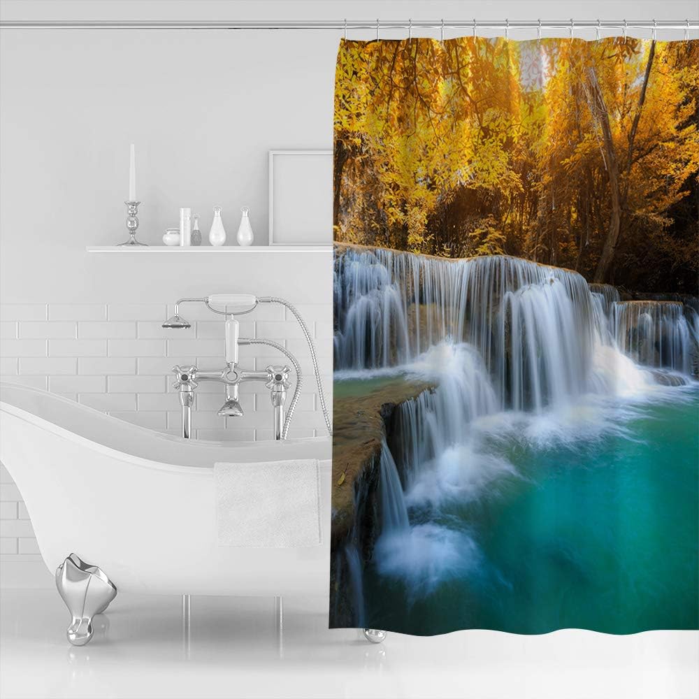 Autumn Forest Waterfall Colorful Shower Curtain for a Fall-inspired Bathroom