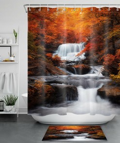 Autumn Golden Forest Shower Curtain Set With Waterfall Scenery For Cozy Bathroom Decor
