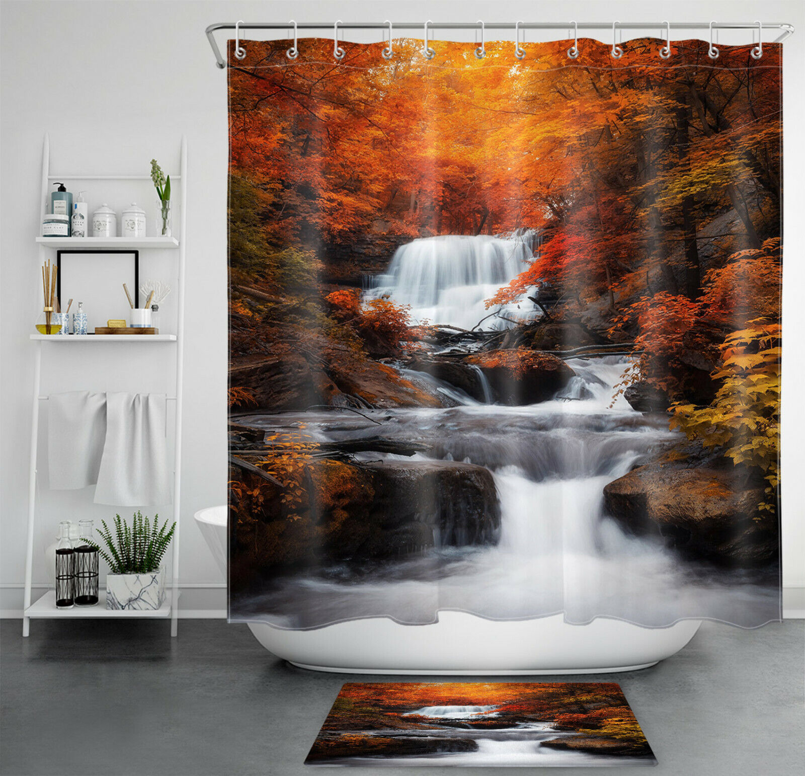 Autumn Golden Forest Shower Curtain Set With Waterfall Scenery For Cozy Bathroom Decor