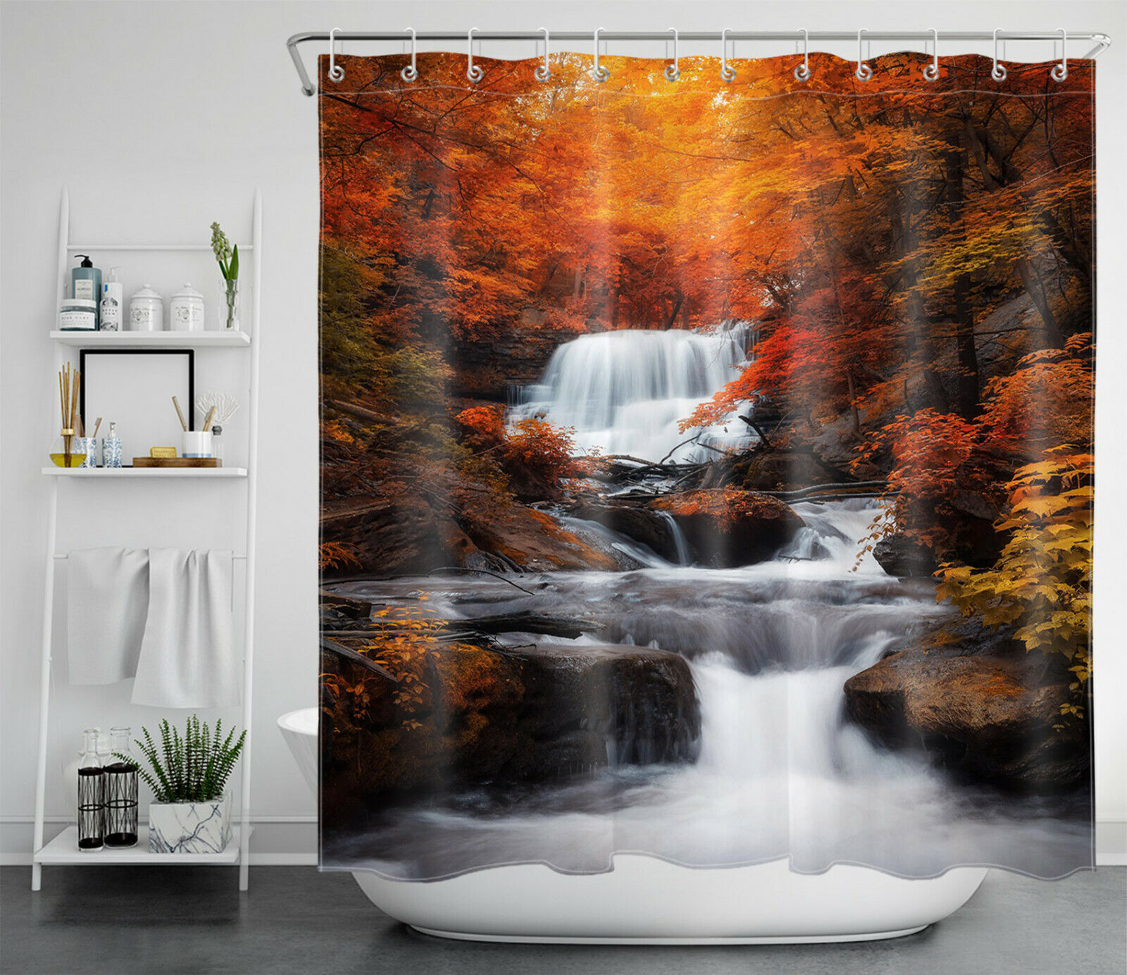 Autumn Golden Forest Shower Curtain Set With Waterfall Scenery For Cozy Bathroom Decor - Image 2