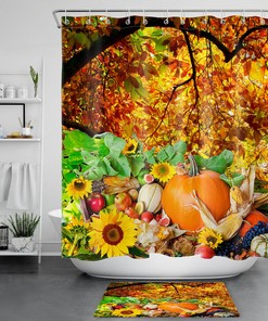 Autumn Harvest Fruit Shower Curtain - Tree Sunflower Pumpkin Waterproof Design