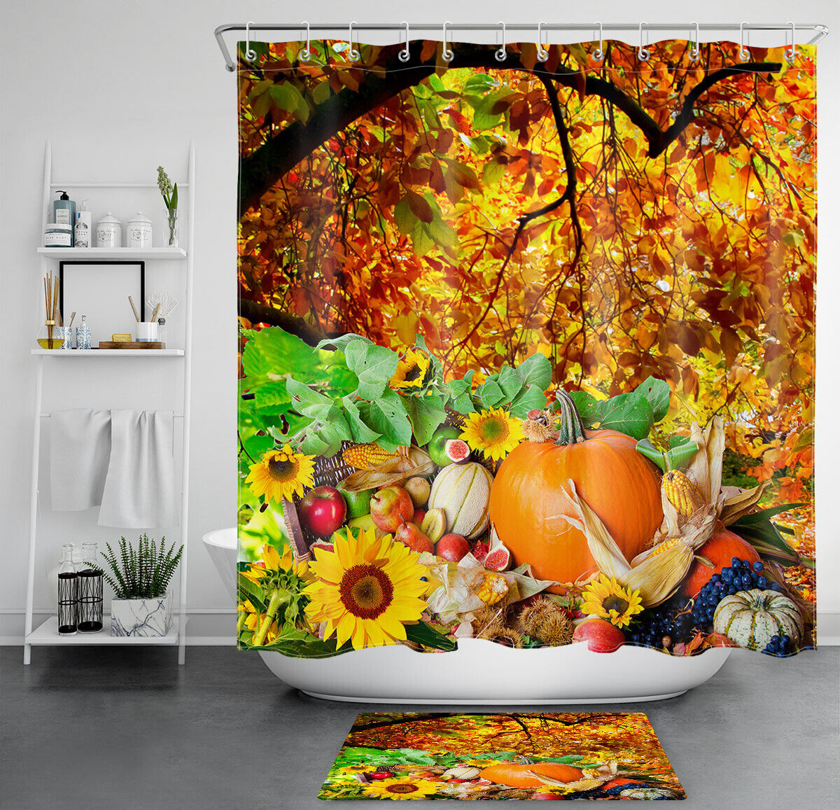 Autumn Harvest Fruit Shower Curtain - Tree Sunflower Pumpkin Waterproof Design