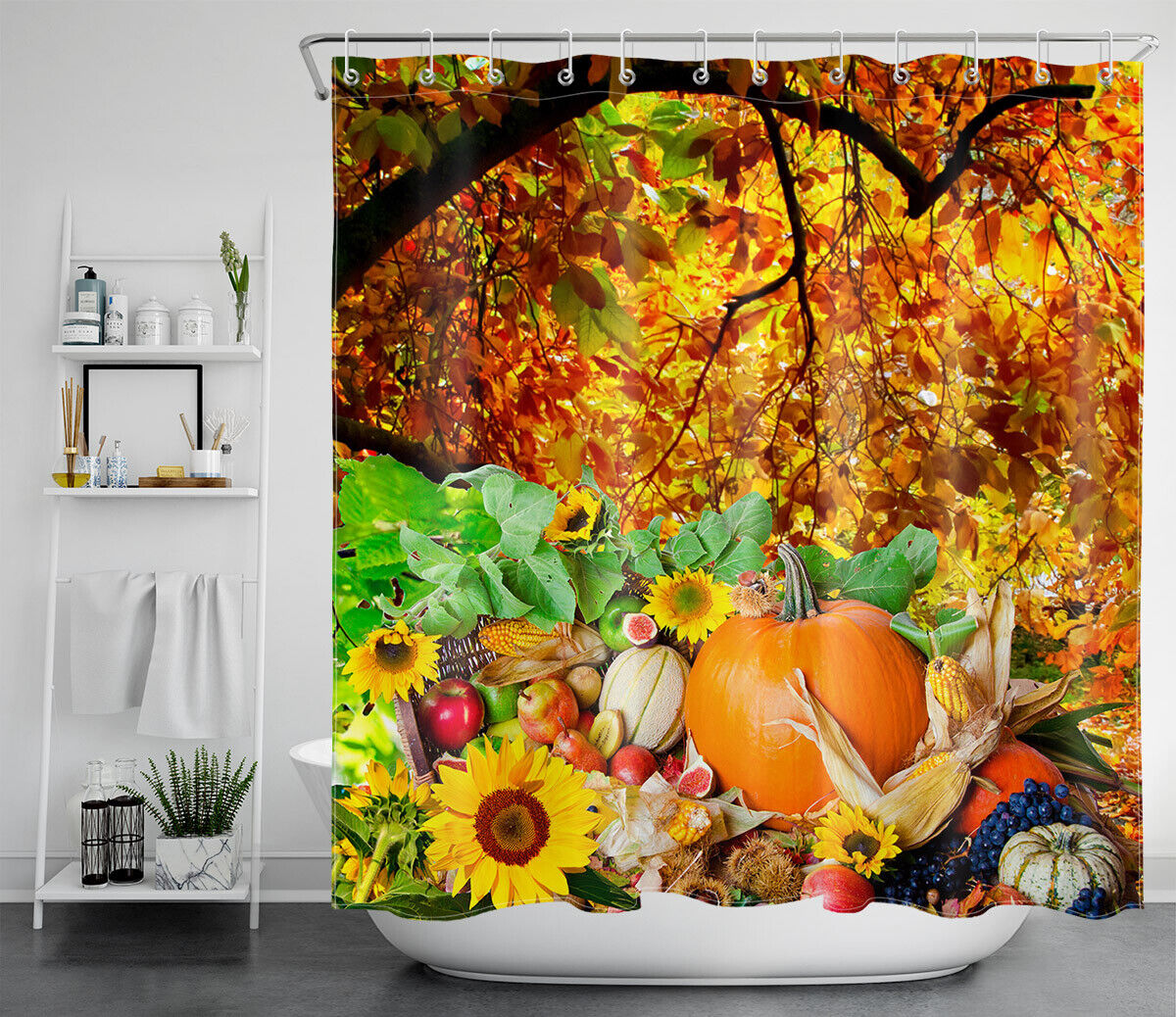 Autumn Harvest Fruit Shower Curtain - Tree Sunflower Pumpkin Waterproof Design - Image 2