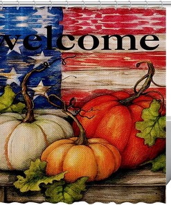 Autumn Harvest Pumpkin Leaves Print Fabric Shower Curtain for Cozy Bathroom Decor