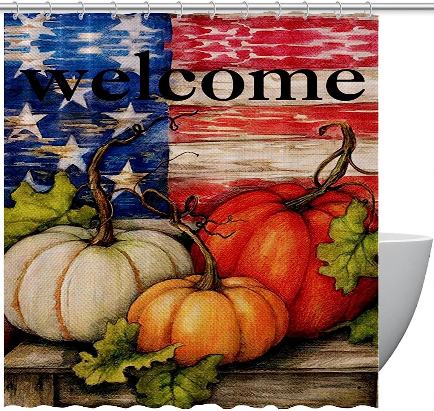 Autumn Harvest Pumpkin Leaves Print Fabric Shower Curtain for Cozy Bathroom Decor