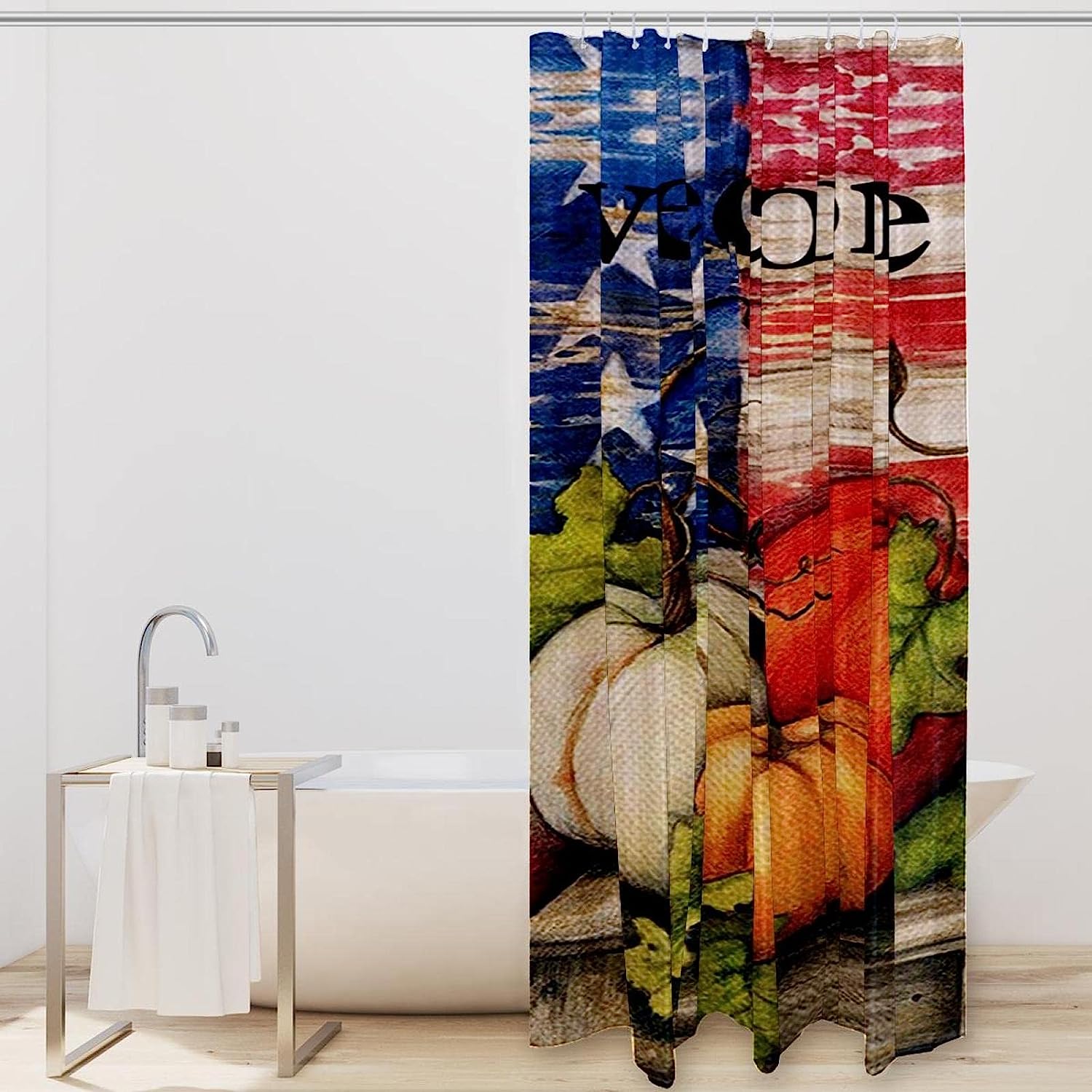 Autumn Harvest Pumpkin Leaves Print Fabric Shower Curtain for Cozy Bathroom Decor