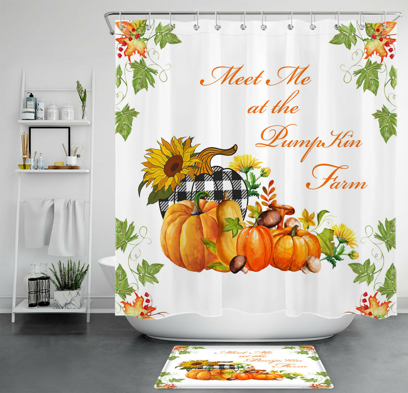 Autumn Harvest Shower Curtain - Pumpkin Sunflower Mushroom Maple Leaf Design