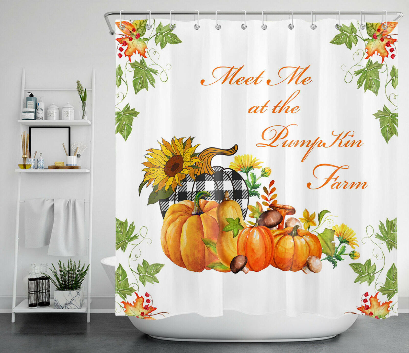 Autumn Harvest Shower Curtain - Pumpkin Sunflower Mushroom Maple Leaf Design - Image 2