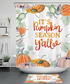 Autumn Harvest Watercolor Pumpkin Shower Curtain, Farmhouse Bathroom Decor