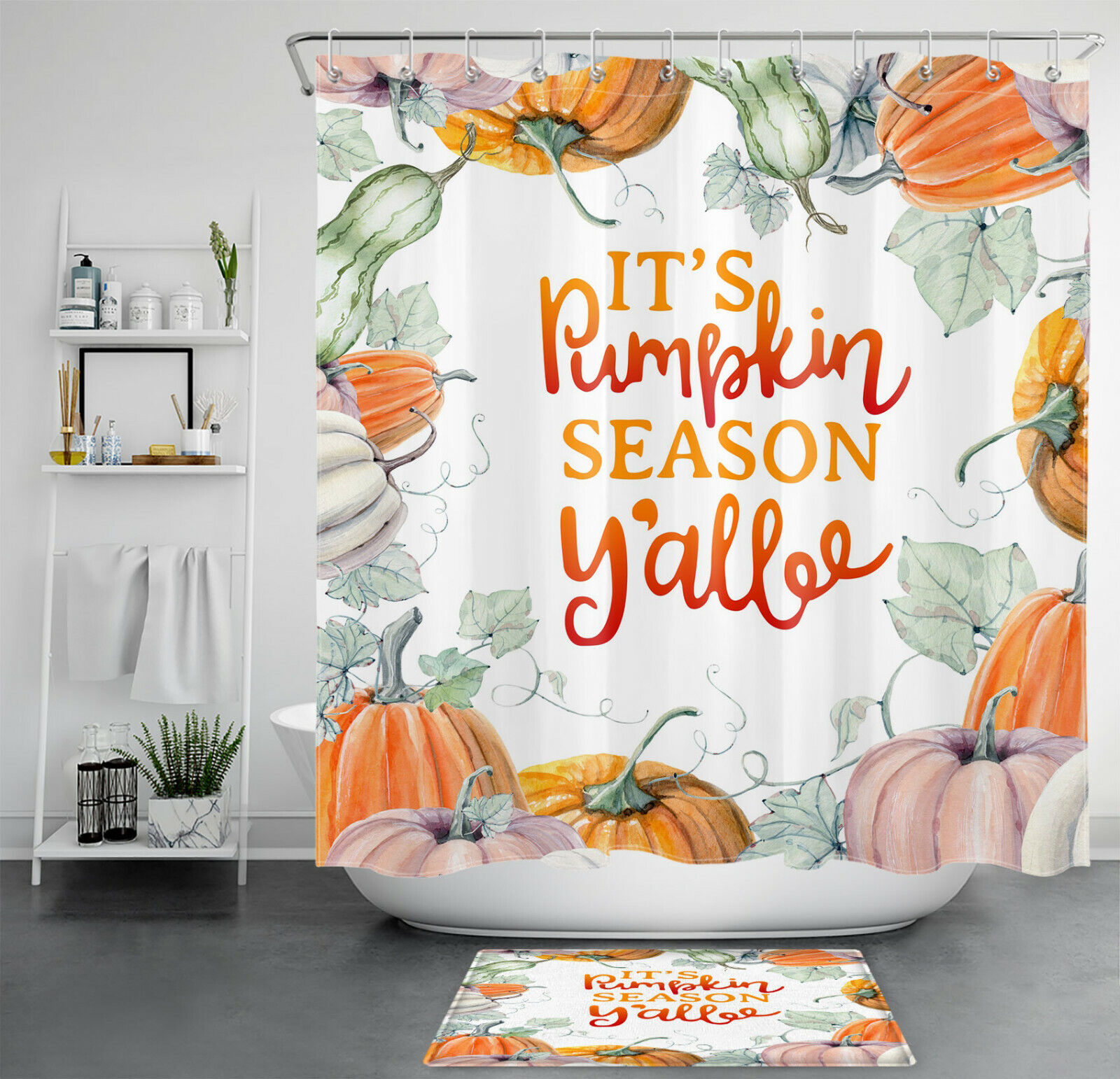 Autumn Harvest Watercolor Pumpkin Shower Curtain, Farmhouse Bathroom Decor