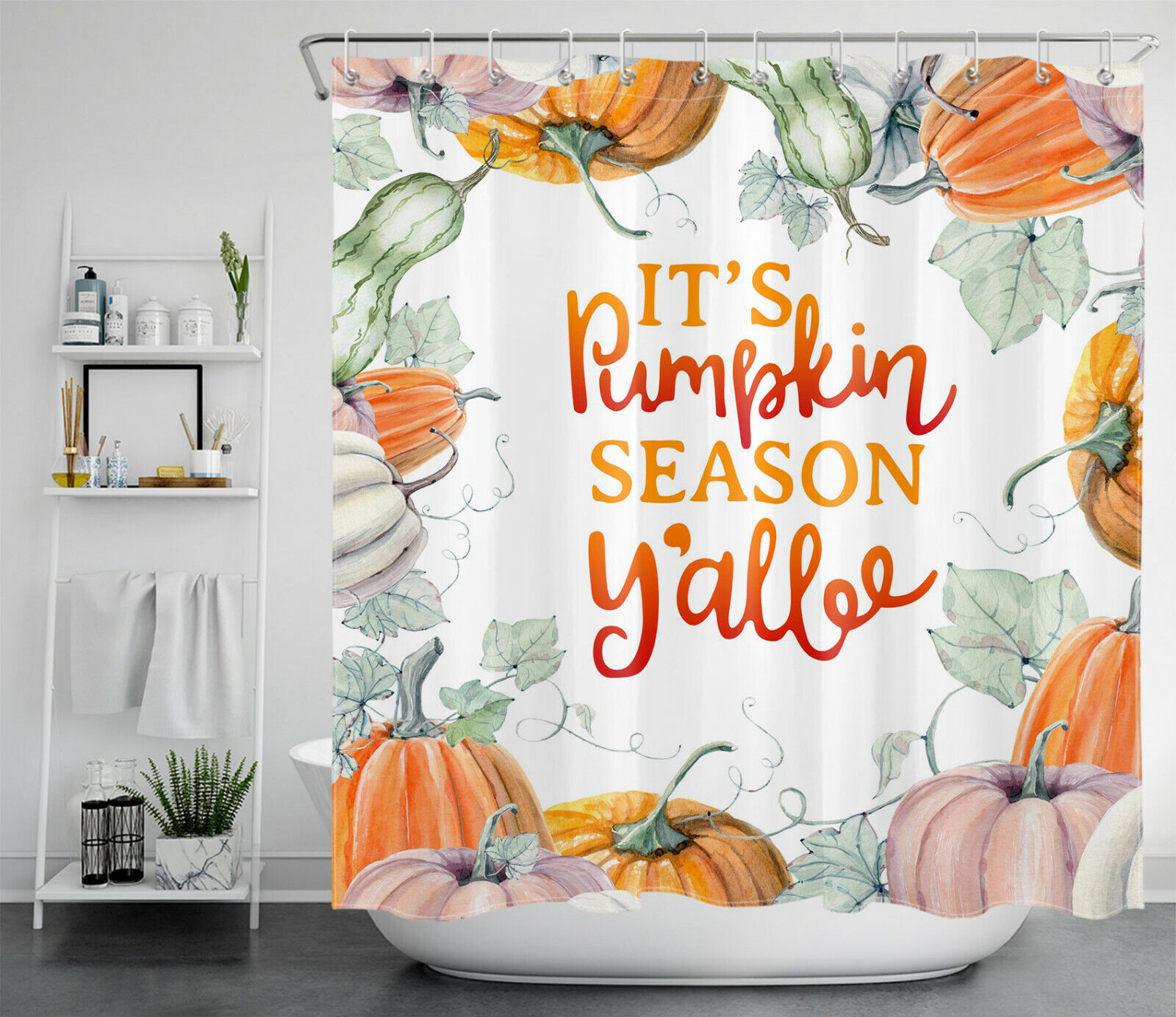Autumn Harvest Watercolor Pumpkin Shower Curtain, Farmhouse Bathroom Decor