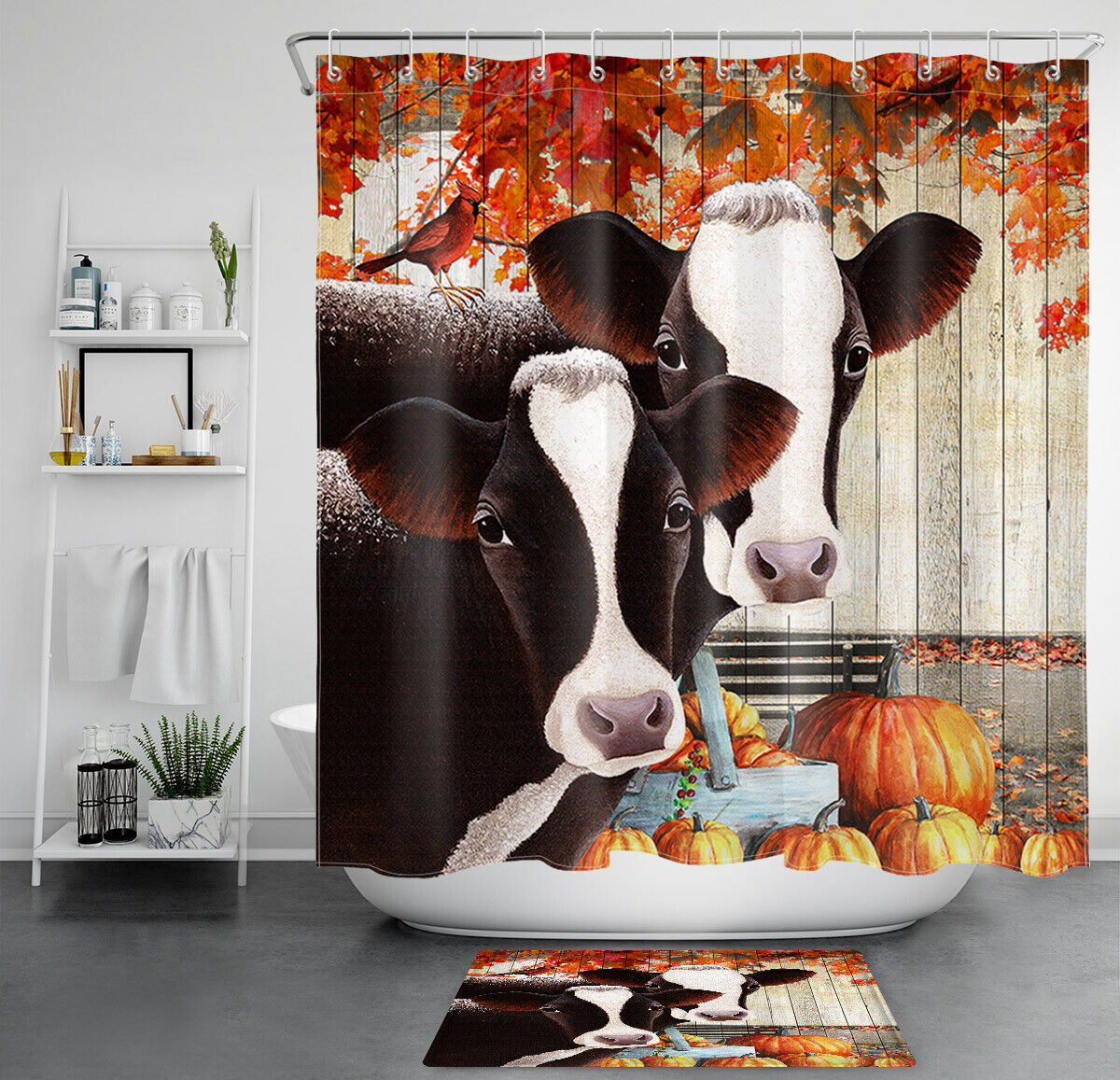 Autumn Maple Leaf Shower Curtain with Farm Animals, Cows, and Pumpkins for a Festive Vibe