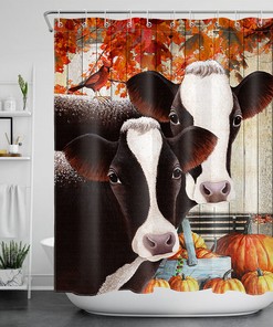 Autumn Maple Leaf Shower Curtain with Farm Animals, Cows, and Pumpkins for a Festive Vibe